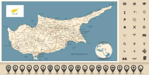 Cyprus Road Map and Map Icons Stock Illustration