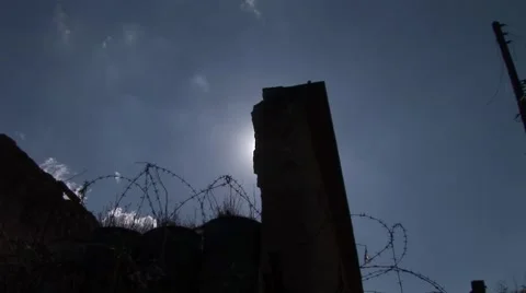 Cyprus war zone barbed wire and house ruins in no mans land Stock Footage 61393089
