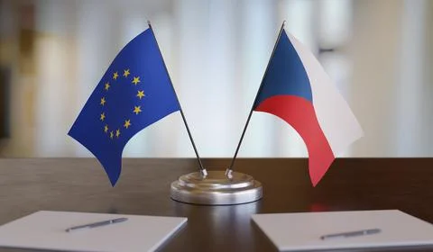 Czech and EU flags on table. Negotiation between European Union and Czech rep Stock-Fotos