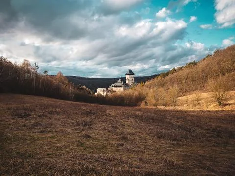 Czech castle Karlstejn with dramatic winter sky, Central Bohemia, Czech Rep.. Stock Photos