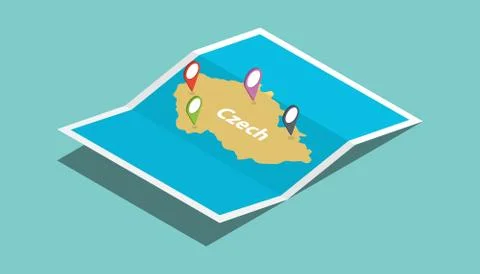 Czech explore maps with isometric style and pin location tag on top Stock Illustration