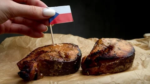 Czech flag in grilled fish, symbol of domestic freshwater aquaculture. Stock Footage 323013443