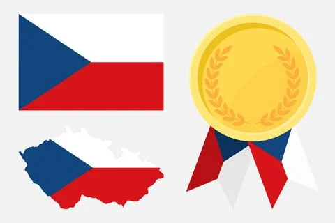 Czech flag with map and gold medal in set for web and banners or app and game Stock Illustration