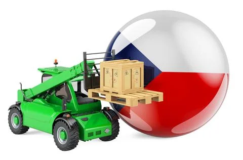 Czech flag with telescopic handler truck and parcel. Cargo shipping in Czech  Illustrazione stock