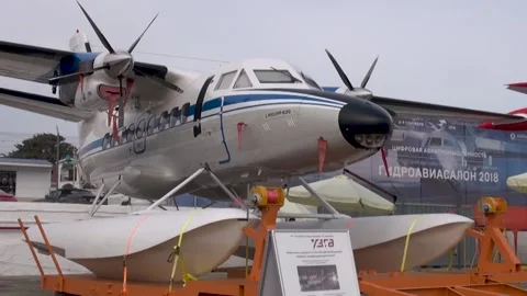 Czech multi-purpose twin-engine aircraft L 410 "Turbolet" on float landing gear. Video stock 148624707