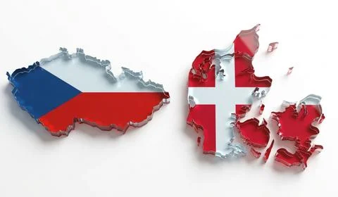 Czech Republic and Denmark flags map country shapes 3d crystal glass white .. Stock Illustration