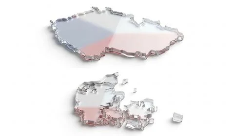 Czech Republic and Denmark flags map country shapes 3d crystal glass white .. Stock Illustration