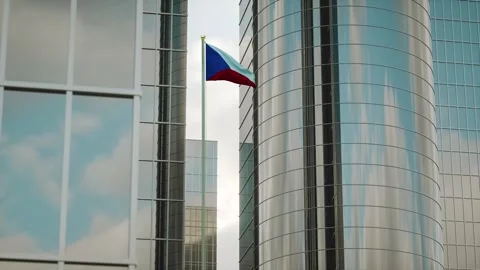 Czech Republic Flag 3D Render Animation on Pole with City Buildings Video stock 332885041