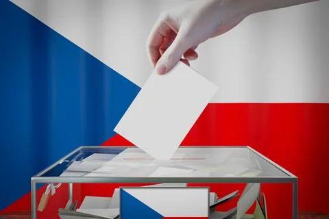 Czech Republic flag, hand dropping ballot card into a box - voting concept Illustration