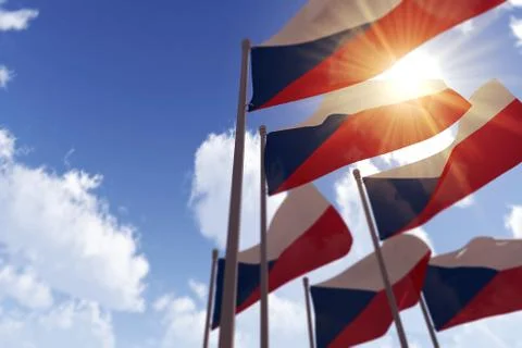 Czech Republic flags waving in the wind against a blue sky. 3D Rendering Stock Illustration