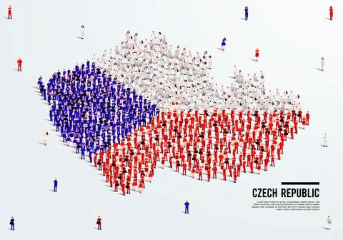 Czech Republic Map and Flag. A large group of people in the Czechia flag color. Stock Illustration