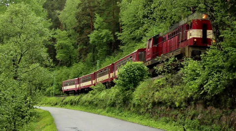 CZECH REPUBLIC Old TRAIN Passes Through Green Forest LS Stock Footage 44898694