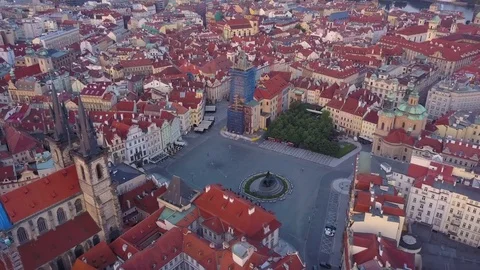 Czech Republic Prague Aerial v14 Birdseye flying low around Old Town Square Stock Footage