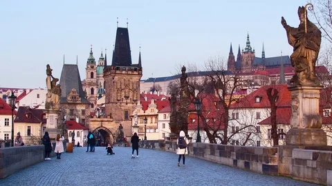 Czech Republic, Prague, Charles Bridge, Karluv Most over River Vlatava Stock Footage 99457191