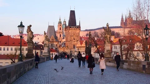 Czech Republic, Prague, Charles Bridge, Karluv Most over River Vlatava Stock Footage 99457613