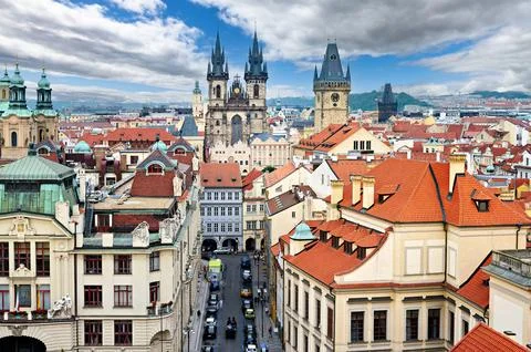 Czech Republic. Prague. Elevated view of the old town at sunset. Stock Photos