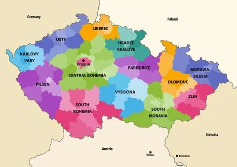Czech Republic regions vector map with neighbouring countries and territories Stock Illustration