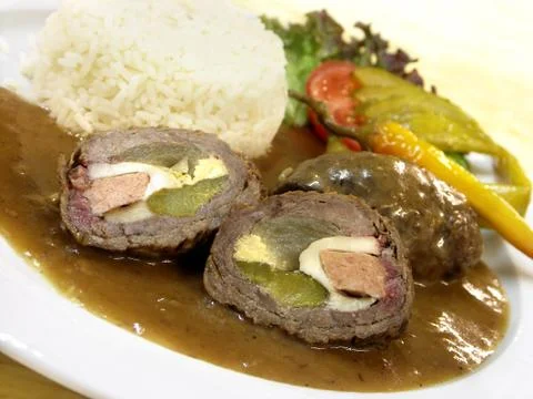Czech speciality - spanish bird with rice - beef roll stuffed with eggs, cucumbe Stock Photos
