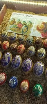 Czech Straw Decorated Easter Eggs Display Stock Photos