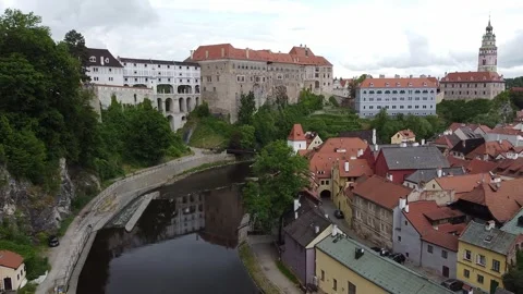 Czech Town Scenery: River, Castle, Buildings Stock Footage 328439543