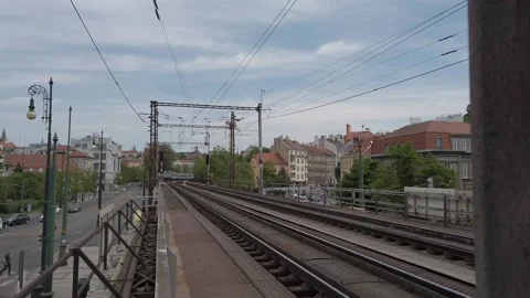 Czech train slowing down front of camera Stock Footage 155449571