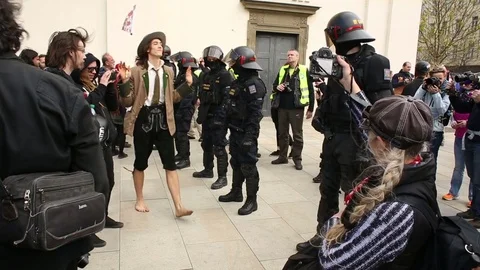 Czech young people activists provocation protest against extremists, police riot Video stock 85099707