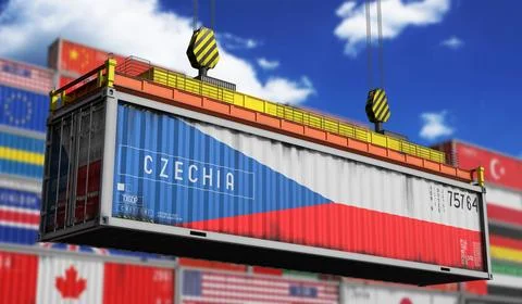 Czechia - cargo container lifted by crane in terminal - international trade.. Stock Illustration