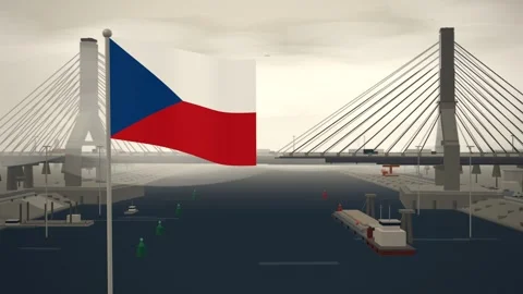 Czechia Flag Flying Over Cable Stayed Bridge River seamless loop Stock Footage 345859649
