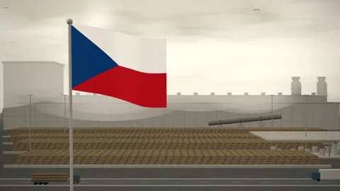 Czechia Flag Flying Over Paper Mill Log Yard seamless loop Stock Footage 345859604