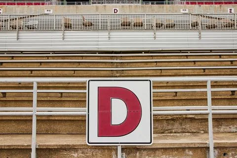 D and E sections of empty bleachers at sports stadium under gloomy sky on Stock Photos