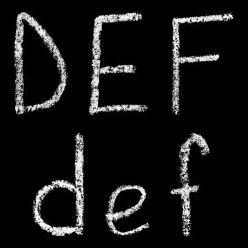 D, e, f handwritten white chalk letters isolated on black background Stock Photos