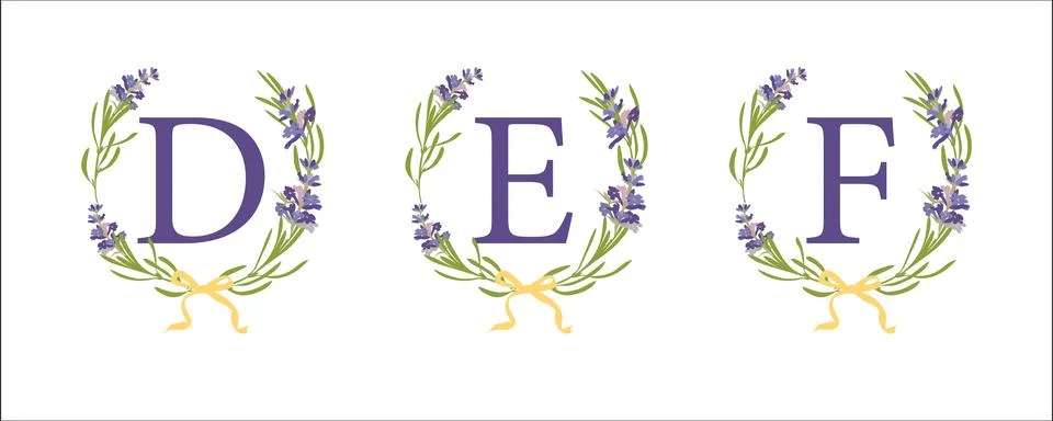 D E F letter. Set modern hand-drawn flat sketch illustrations. Lavender flowe Stock Illustration
