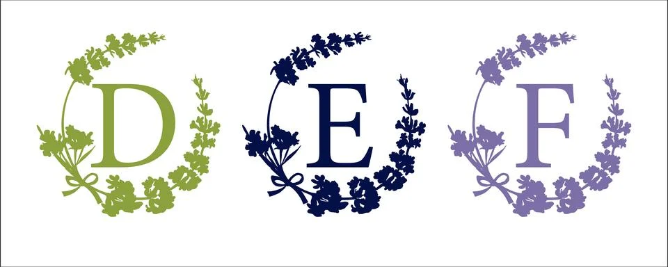D E F letter. Set modern hand-drawn silhouette sketch illustrations. Lavender Stock Illustration