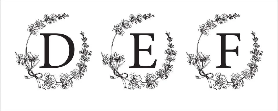 D E F letter. Set modern hand-drawn engraved sketch illustrations. Lavender f Stock Illustration