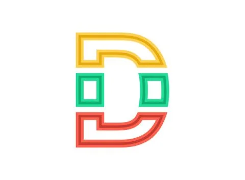 D letter logo, vector outline stroke font. Slice, cut design with red, green, Stock Illustration
