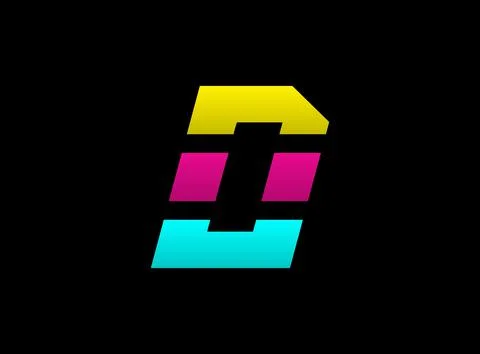 D letter vector desing, Cmyk color font logo, . Dynamic split blue, pink, yel Stock Illustration