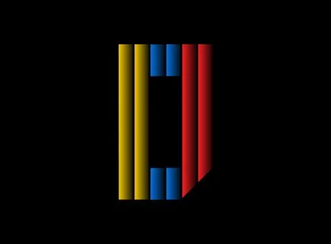D letter vector desing, color font logo. Dynamic split red, blue, yellow colo Stock Illustration
