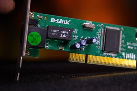 D-Link network card displayed in close-up showing components and details in a Stock Photos