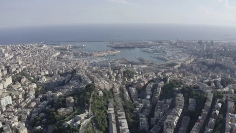 D-Log. Genoa, Italy. Central part of the city, aerial view. Ships in the port, Stock Footage 124139601