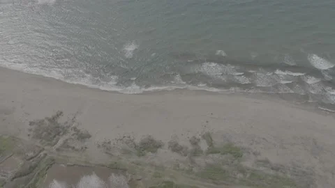 D-log image of full aerial view of waves crashing on empty beach Stock Footage 236000925