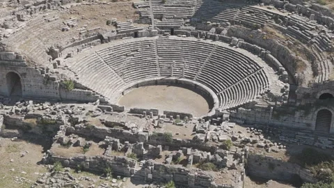 D-Log M. Balat, Turkey. Close up aerial view of Miletus Theatre stage and Stock Footage 319424517