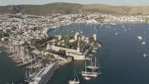 D-Log M. Bodrum, Turkey. Aerial view of Bodrum Castle fortress walls and towers Stock Footage 319425463