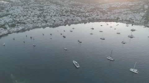 D-Log M. Bodrum, Turkey. Aerial drone shot of bay with stationary yachts, Video stock 319426429