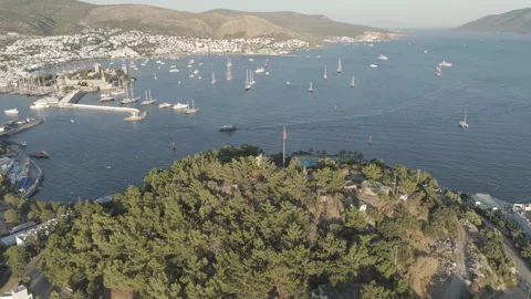 D-Log M. Bodrum, Turkey. Aerial drone view of Tiger Tower on a hill with Turkish Stock Footage 319519070