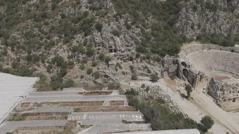 D-Log M. Demre, Turkey. Aerial view of Lycian rock-cut tombs and Greco-Roman Video stock 320621570