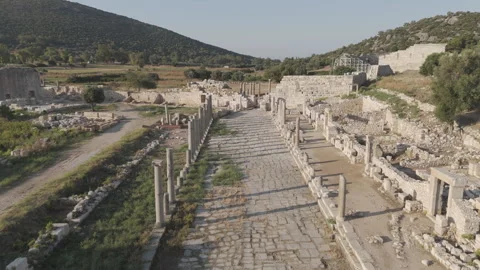 D-Log M. Gelemis, Turkey. Aerial flight over Colonnaded Street in Patara ancient Stock Footage 323746965