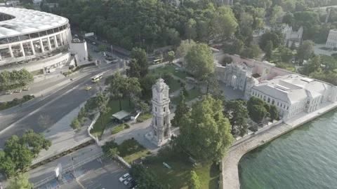 D-Log M. Istanbul, Turkey. Dolmabahce Clock Tower. Besiktas Stadium. Bosphorus Stock Footage 314488713