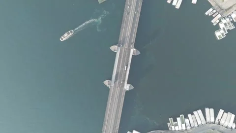D-Log M. Istanbul, Turkey. Top down aerial view of Galata Bridge crossing Golden Stock Footage 315423692