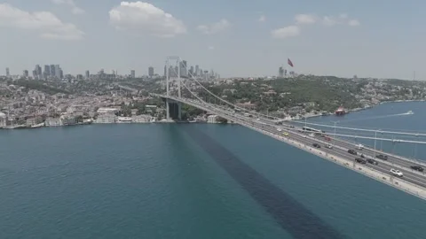 D-Log M. Istanbul, Turkey. Aerial top down view of 15 July Martyrs Bridge with Stock Footage 317073497
