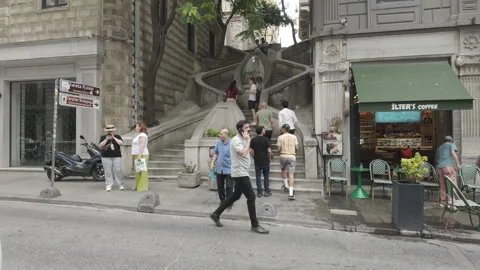 D-Log M. Istanbul, Turkey. Tourists photographing Camondo Stairs from bottom, Stock Footage 333177253